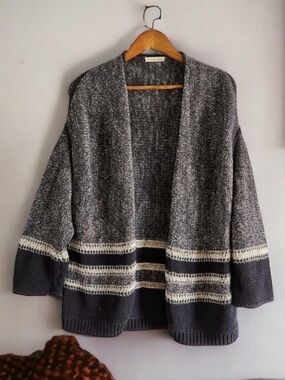 ULLA JOHNSON Navy Blue & Ivory Chunky Woven Open Front Cardigan Sweater